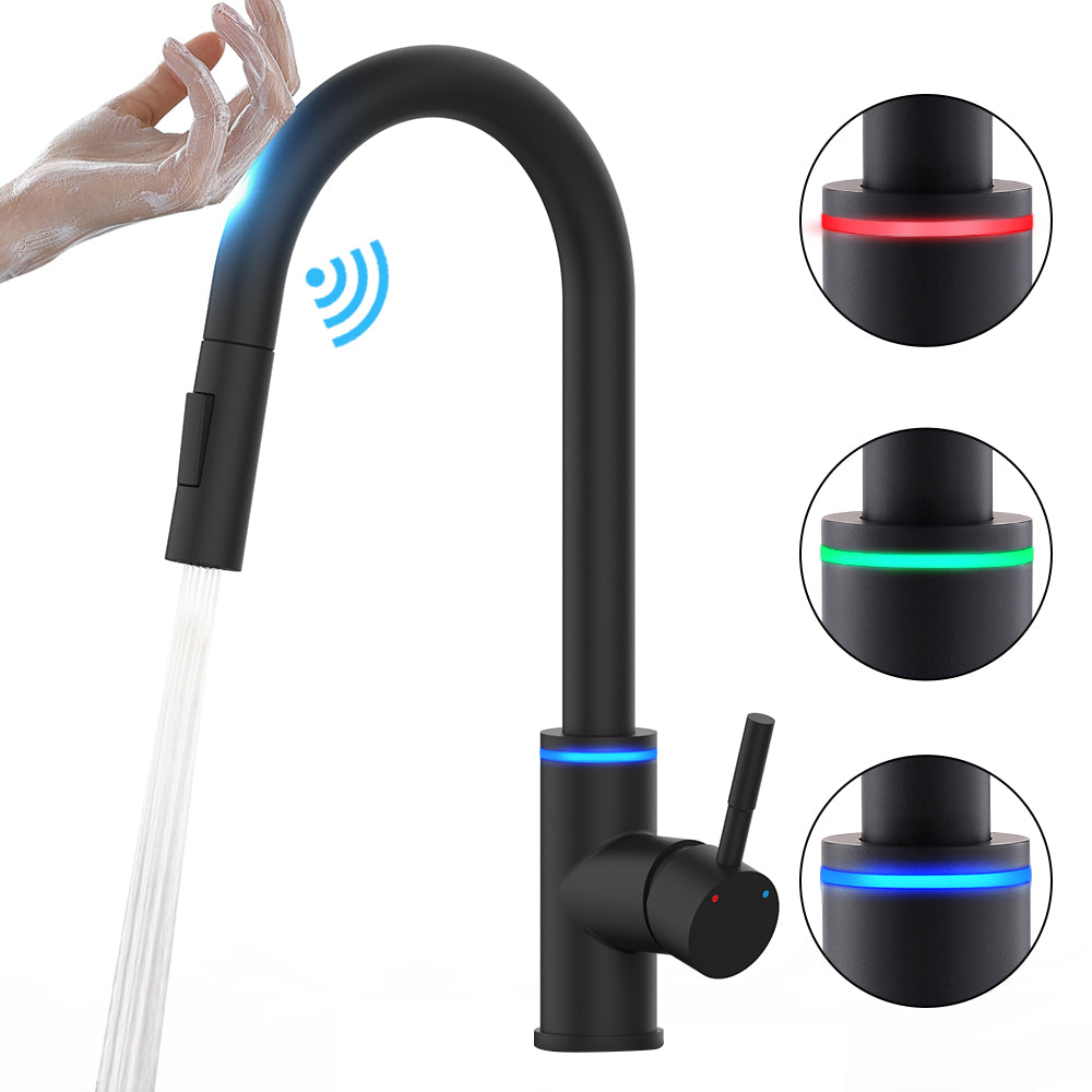 WANFAN Smart Touch Kitchen Faucet with LED Brushed Pull Out Sensor Faucets Black/Nickel 360 Rotation Crane Water Mixer Tap 1067