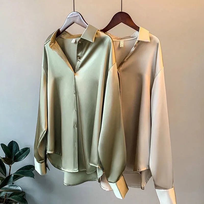 Wholesale Autumn Spring Korea straight retro design women stain shirt solid color long sleeve causal lady's tops blouse shirt