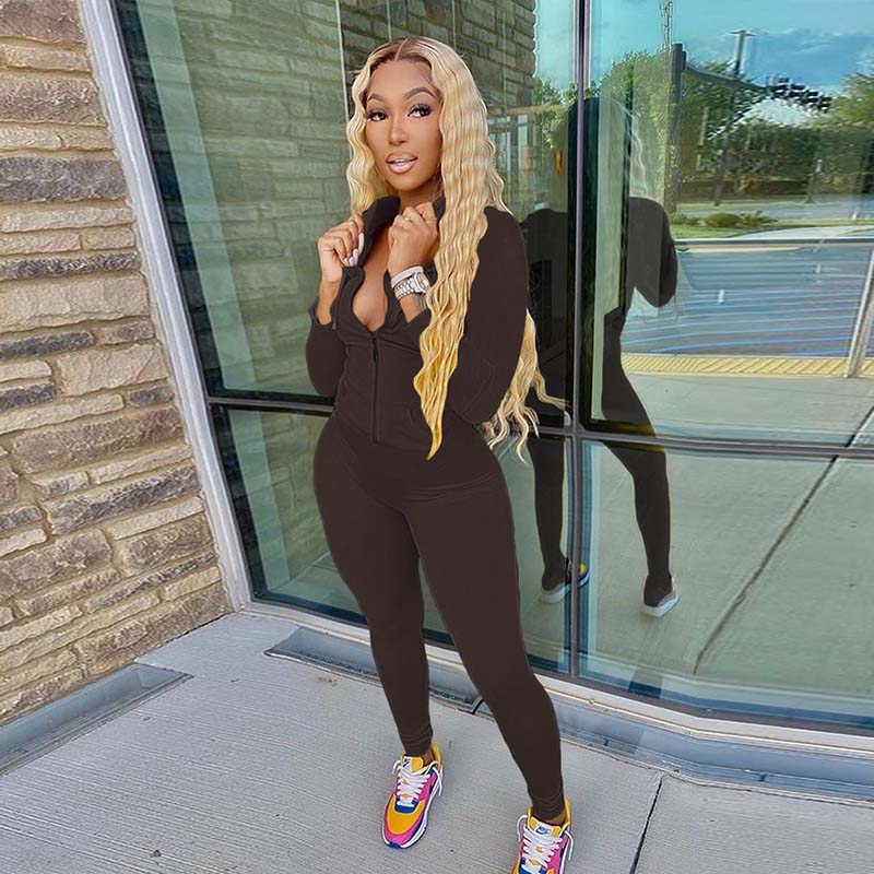 kliou workout bodycon hooded zipper pocket long sleeve tops sporty stretchy leggings casual fall sets women two piece set 2020