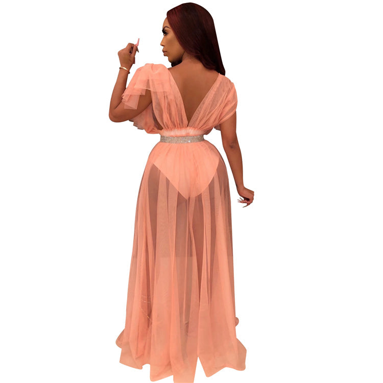 sexy women mesh deep v neck solid color see through long maxi women dress