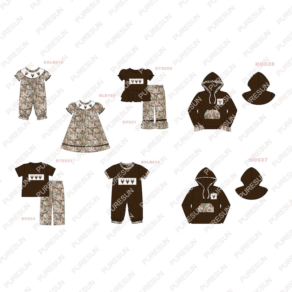 Puresun custom designs smocked baby dresses hunting deer smocked kids wear little girl boutique outfits clothing fall set