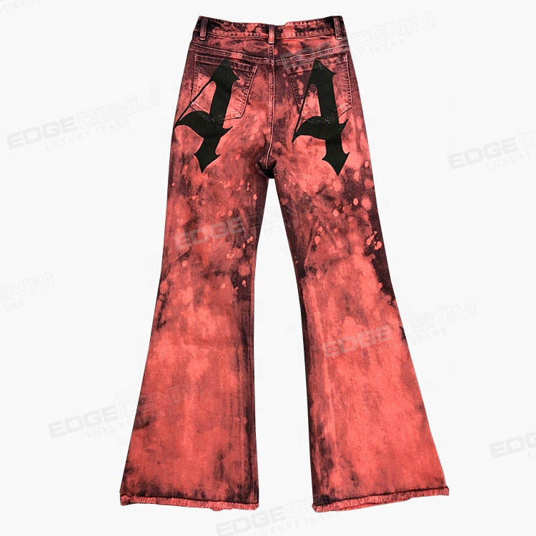 EDGE DENIM Custom jeans manufacturers design distress hole flare fit white blue flame flair jeans man Denim Men's Jeans Pants