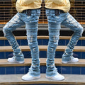 Heavyweight vintage acid wash blue denim pants men wholesale cut edge stacked jeans flare custom ripped distressed jeans