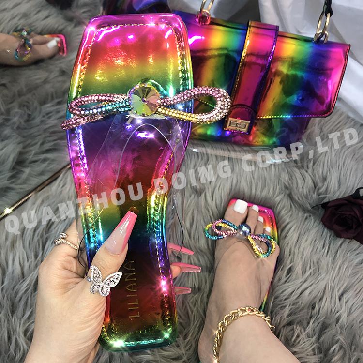 2021 designer women snakeskin jelly chain ladies kids big handbag backpack purse and shoe slide slipper sandals matching bag set