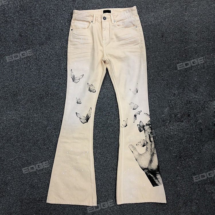 EDGE DENIM Custom jeans manufacturers design distress hole flare fit white blue flame flair jeans man Denim Men's Jeans Pants