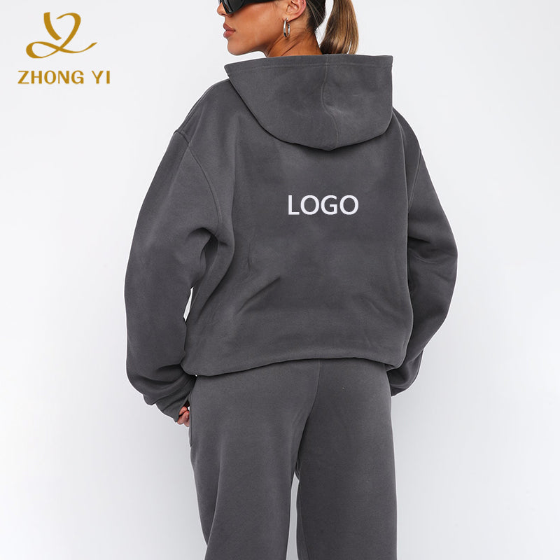 Custom Winter Women Fitness Clothing 2 Piece Mesh Cotton High Quality Long Sleeve Baggy Casual Stringless Pullover Hoodies Set