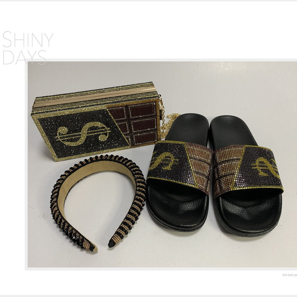 fanlosn trending best selling rhinestone dollar purse women bag and sneakers set slippers bling headband