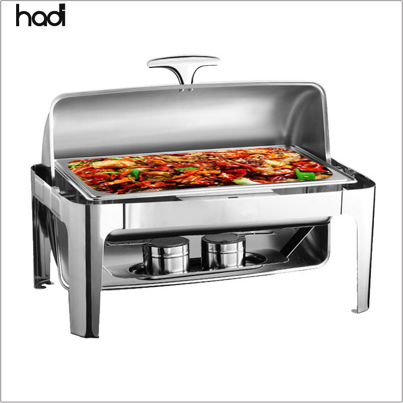 Guangzhou restaurant equipment kitchen 9L stainless food warmer high quality rectangular roll up cheap chafing dish fuel