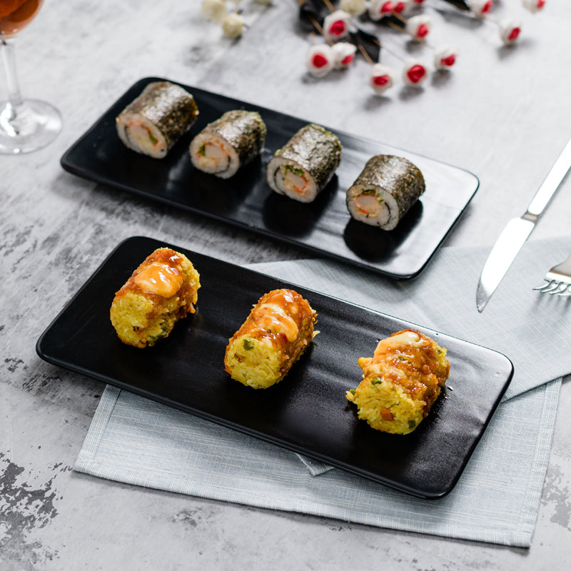 Black Ceramic Sushi Dishes Appetizer Plates Rectangle Serving Dish for Kitchen Food Grade Safe Bulk Packing Plant Pattern