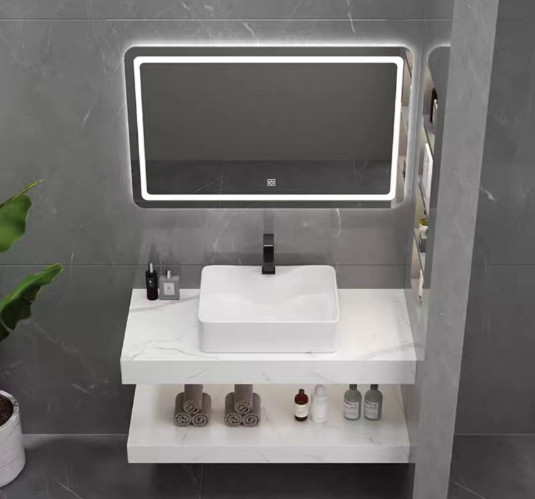 Wholesale modern popular wall-mounted LED mirror with sink rock slab bathroom cabinets