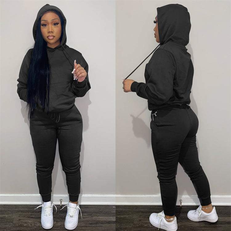 new arrival 2021 autumn winter casual sports solid color hoodie two piece outfits set women clothing two piece pants set
