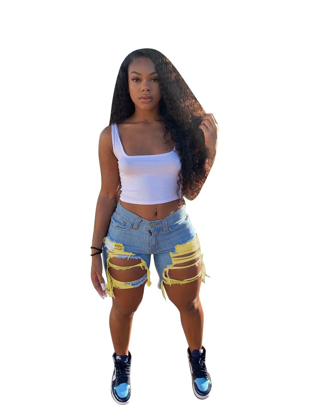 2021 summer skinny short pants high waist ripped colorful jean biker distressed cut up shorts women