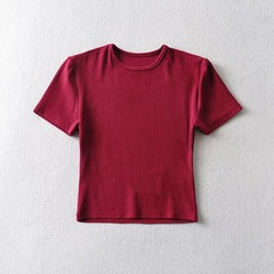 Round neck solid color short sleeve T-shirt summer style women's new tight crop top shirts
