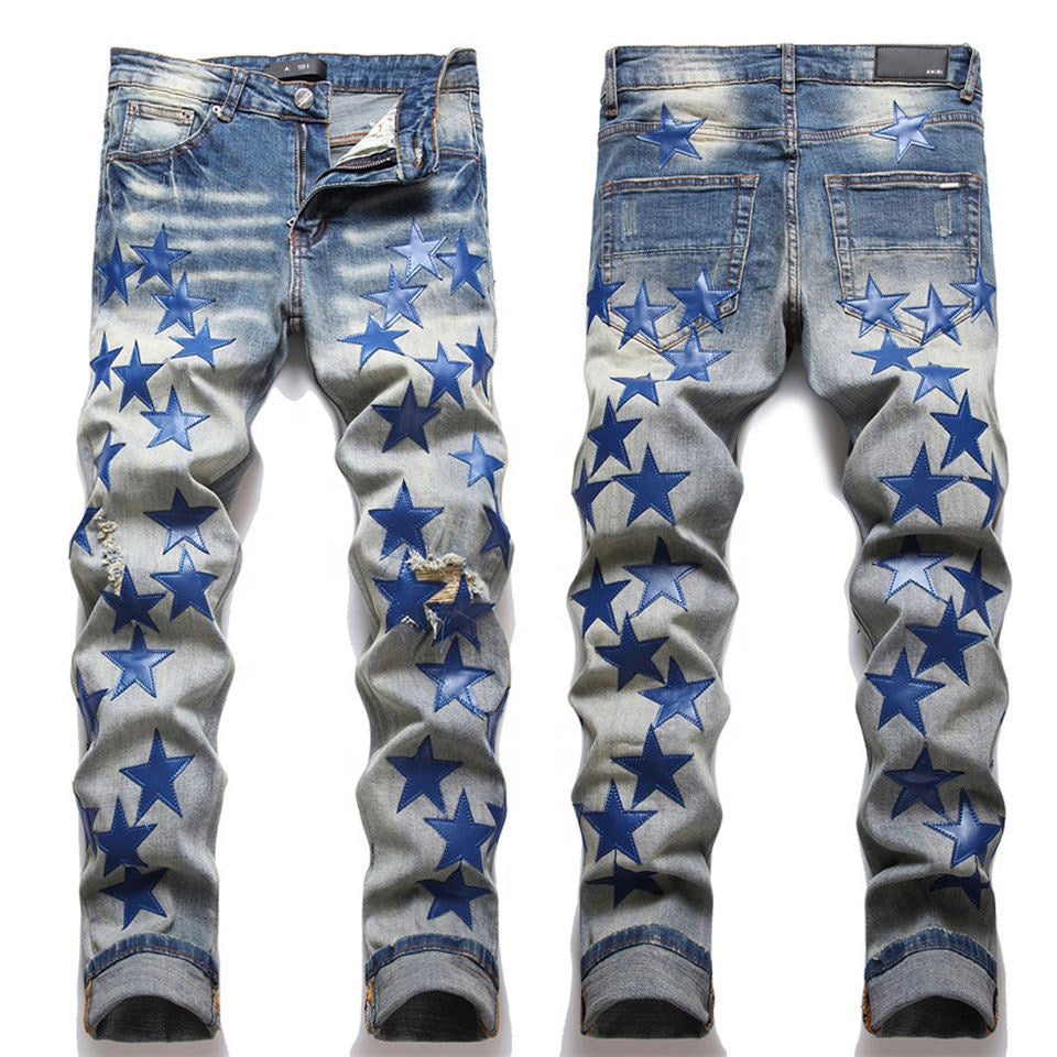 3323 New trendy 2023 y2k clothing denim jeans pants for men vintage blue star patches jeans men custom stacked ripped jeans