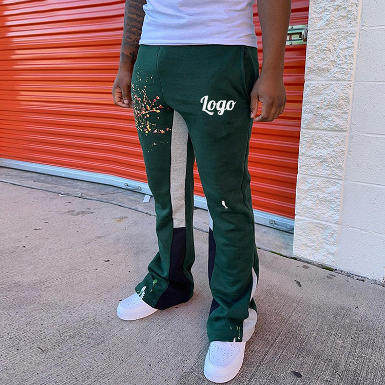 Custom summer streetwear joggers men paint splatters flared flair high quality mens track stacked flared sweat pants men