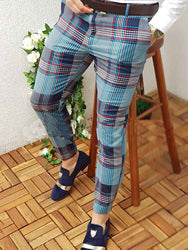 Custom Fashion Slim Fit Men Plaid Dress Pants  Casual Office Skinny Khaki Men Trousers