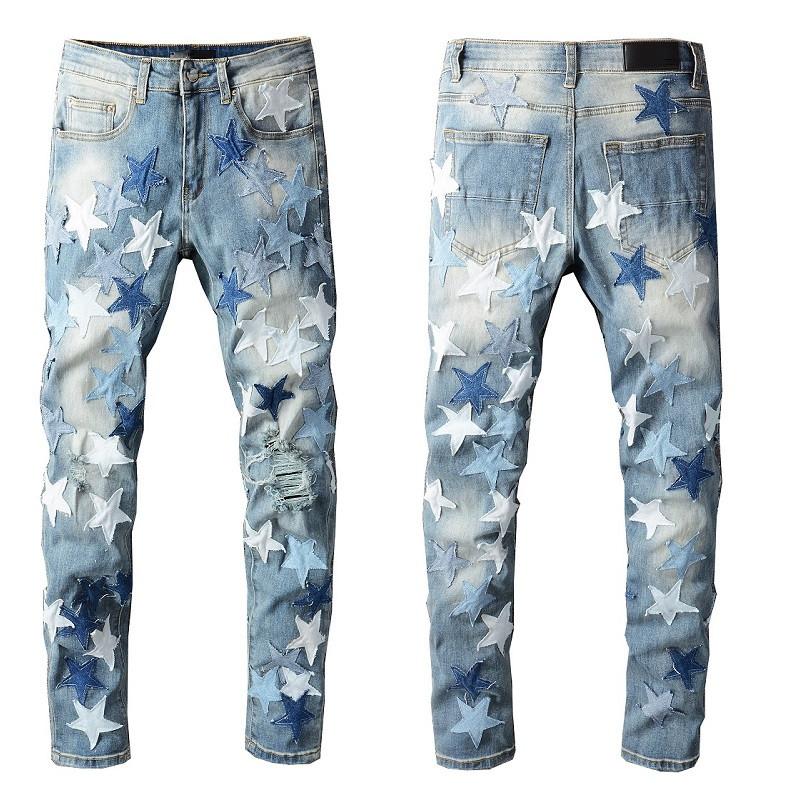 Guys Rip Slim Fit Skinny Man Pants Orange Star Patches Trendy Long Straight Hip Hop With Hole Blue Mens Jeans