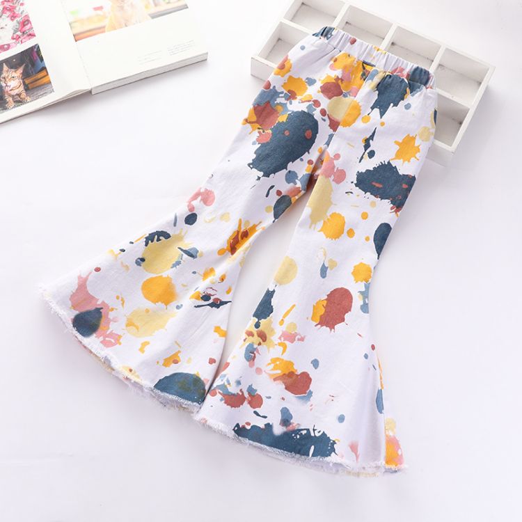 Elastic tie dye Kids Bell Bottom Pants Ripped Jeans 100% Cotton pattern holes style kids jeans pants for girl