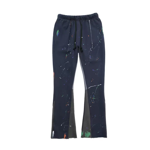 Dongguan City Streetwear Men Sweat Pants Joggers Graffiti Paint Splatter Stacked Custom Logo 100% cotton Flare Sweatpants