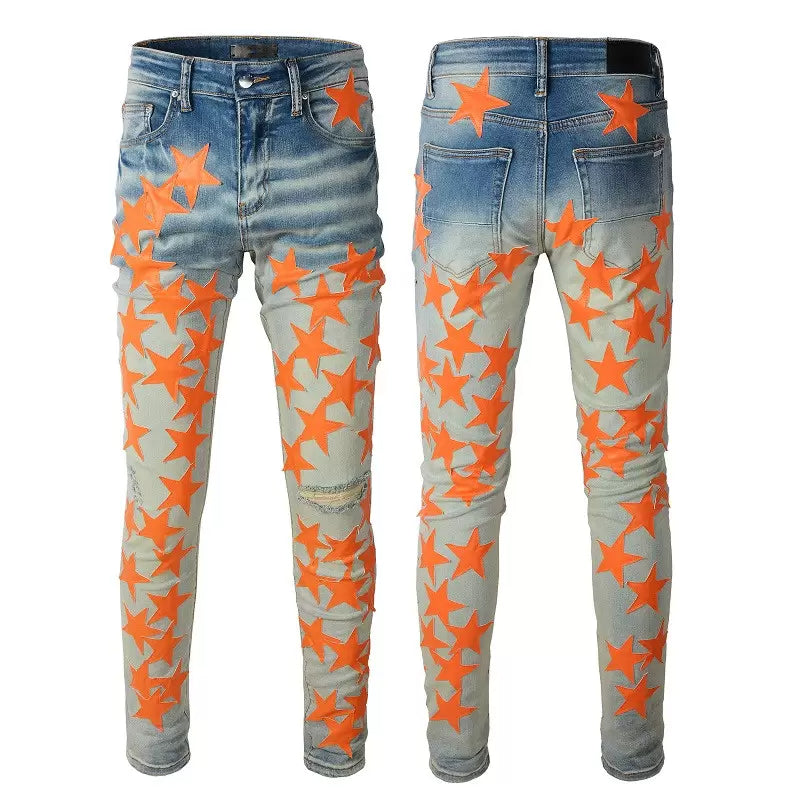 Guys Rip Slim Fit Skinny Man Pants Orange Star Patches Trendy Long Straight Hip Hop With Hole Blue Mens Jeans
