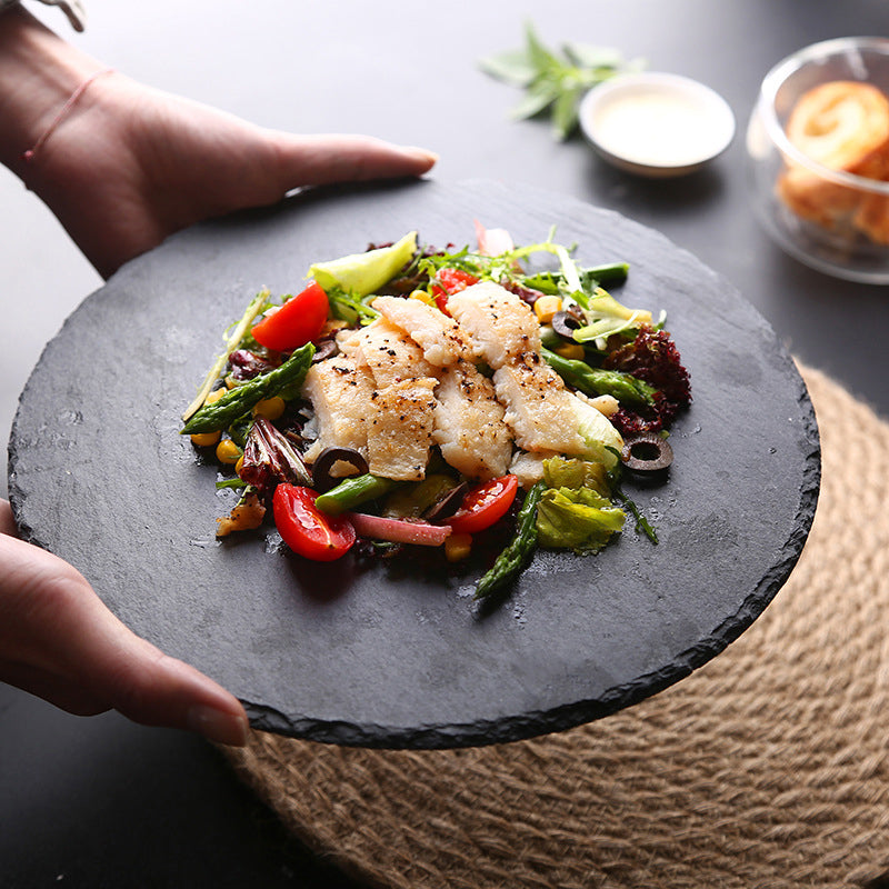 Round Slate Stone Plates Restaurant Sushi Stone Tray Wholesale Dinner Plate Black Serving Dishes For Catering Restaurant Hotel