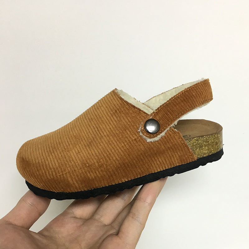 Cute Kid cork sandals cork shoes Autumn and winter cork slippers for boy and gril plus velvet back trip strap covered head