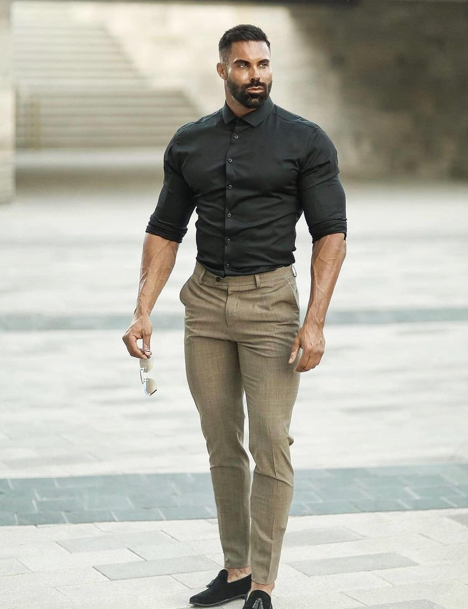 High Quality Mens Muscle Dress Shirts Slim Fit Stretch Long Sleeve Casual Shirts