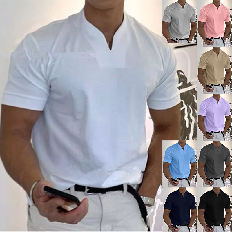 Muscular men's fitness plus-size sports t-shirt men's stretch cotton pocket short-sleeved summer V-neck Polo shirt