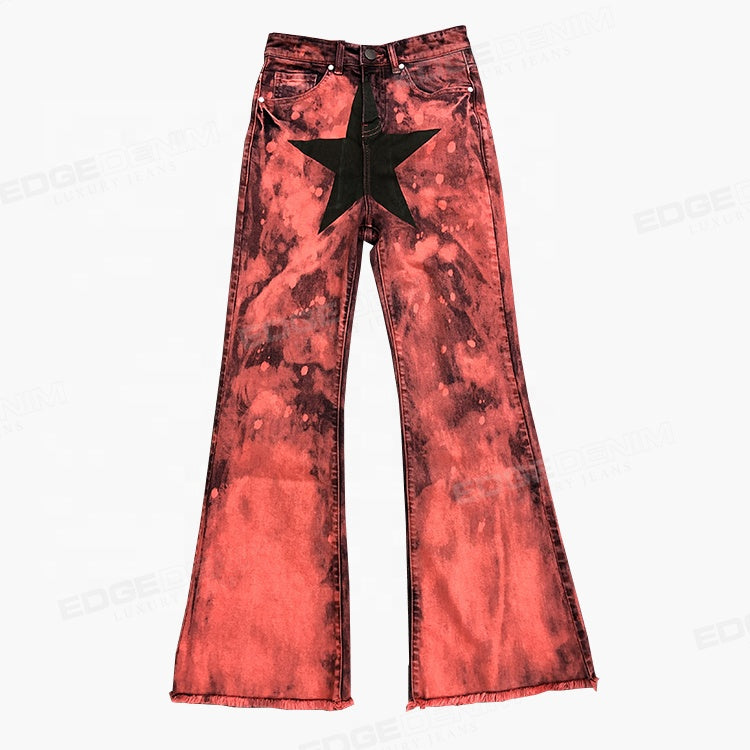 EDGE DENIM Custom jeans manufacturers design distress hole flare fit white blue flame flair jeans man Denim Men's Jeans Pants