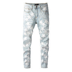 Dropshipping Ripped Distressed Leather Star Patch  Designer Mens denim Jeans