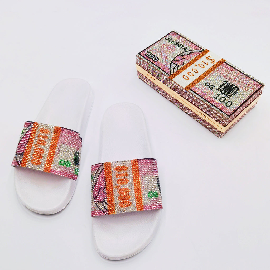 fanlosn trending best selling rhinestone dollar purse women bag and sneakers set slippers bling headband