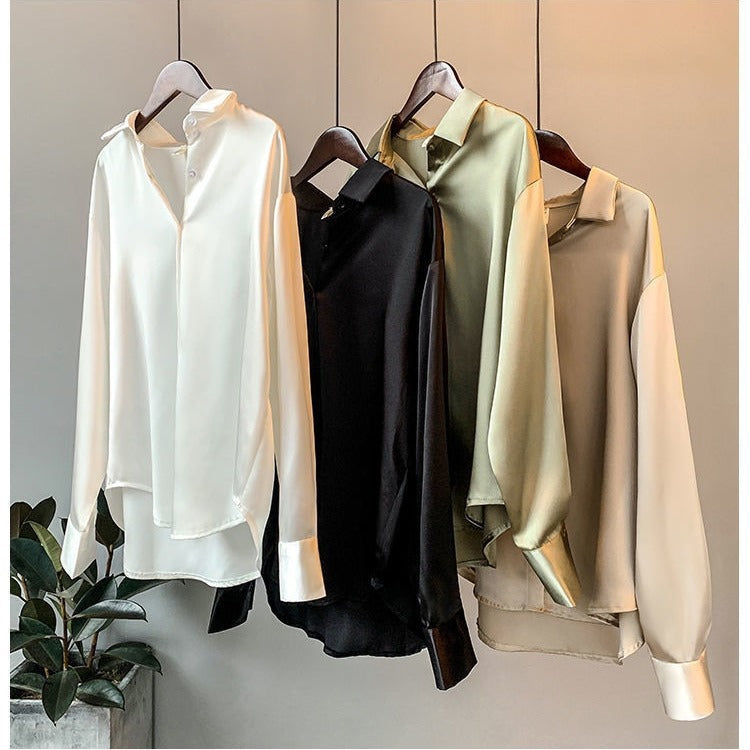 Breathable Solid Silk Women Blouse Ladies Long Sleeve Satin Shirts V Neck Office White Blouse Shirt Women Tops