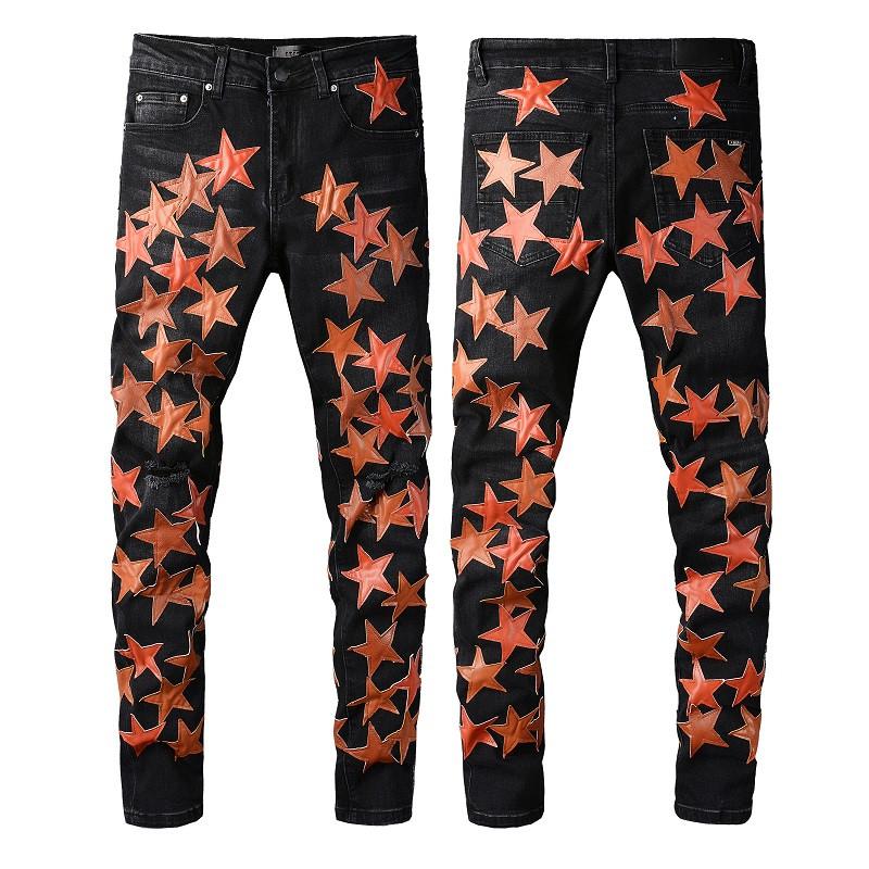 Guys Rip Slim Fit Skinny Man Pants Orange Star Patches Trendy Long Straight Hip Hop With Hole Blue Mens Jeans