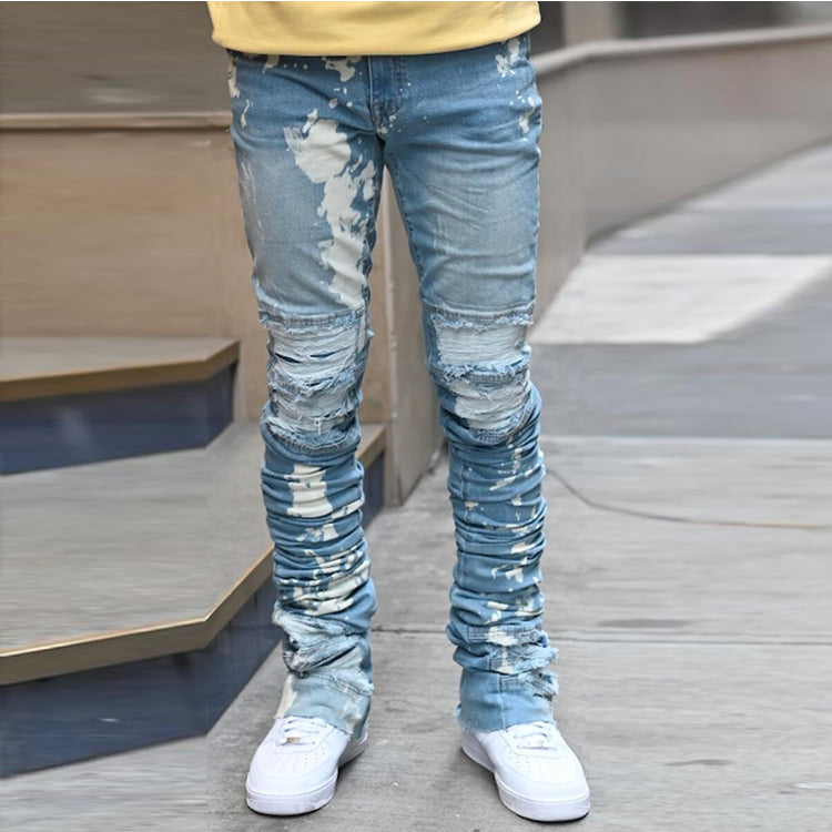 Heavyweight vintage acid wash blue denim pants men wholesale cut edge stacked jeans flare custom ripped distressed jeans