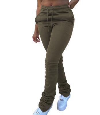 h3618 winter hot selling casual denim printing pocket patchwork drawstring waist stacked long pants