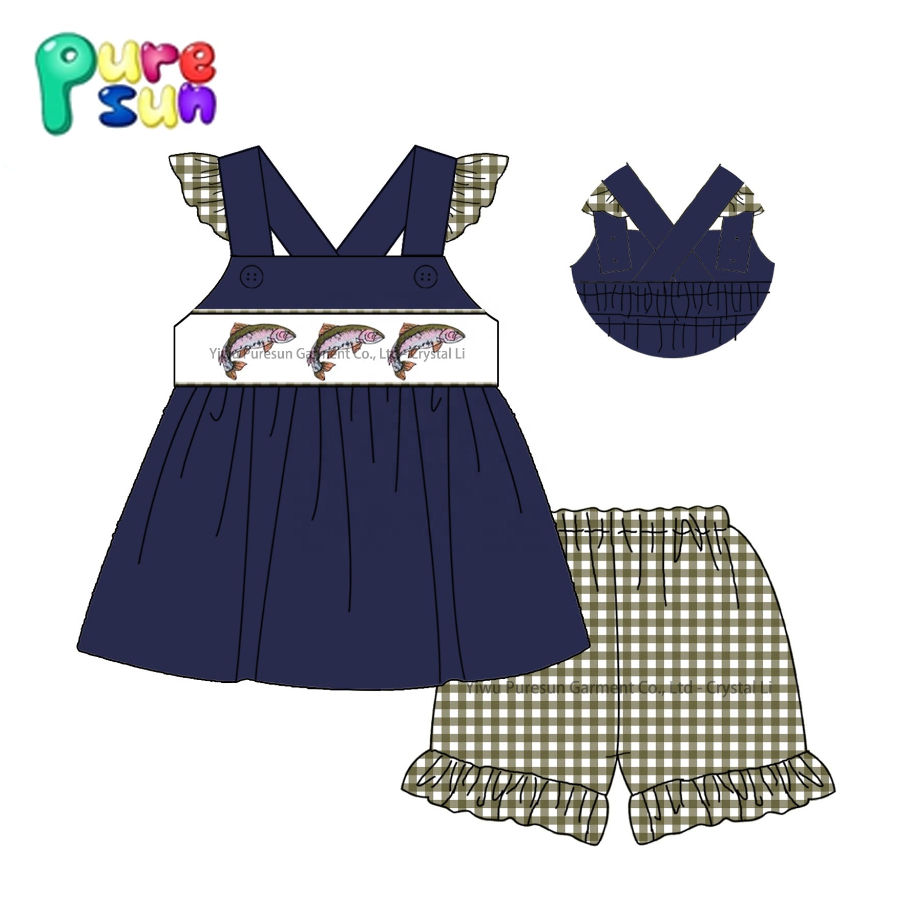 Puresun wholesale little baby and kids clothing fishes applique design outfit high quality boys clothes
