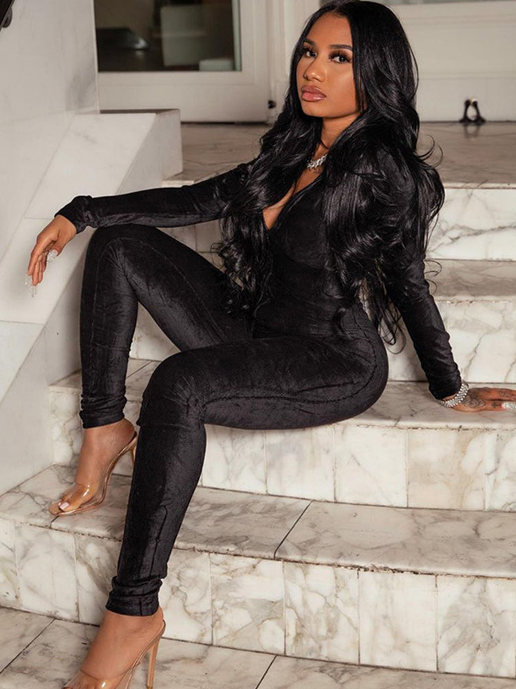 kliou k21q06900 2021 new arrivals stretch v neck velvet long sleeve jumpsuits women one piece jumpsuit