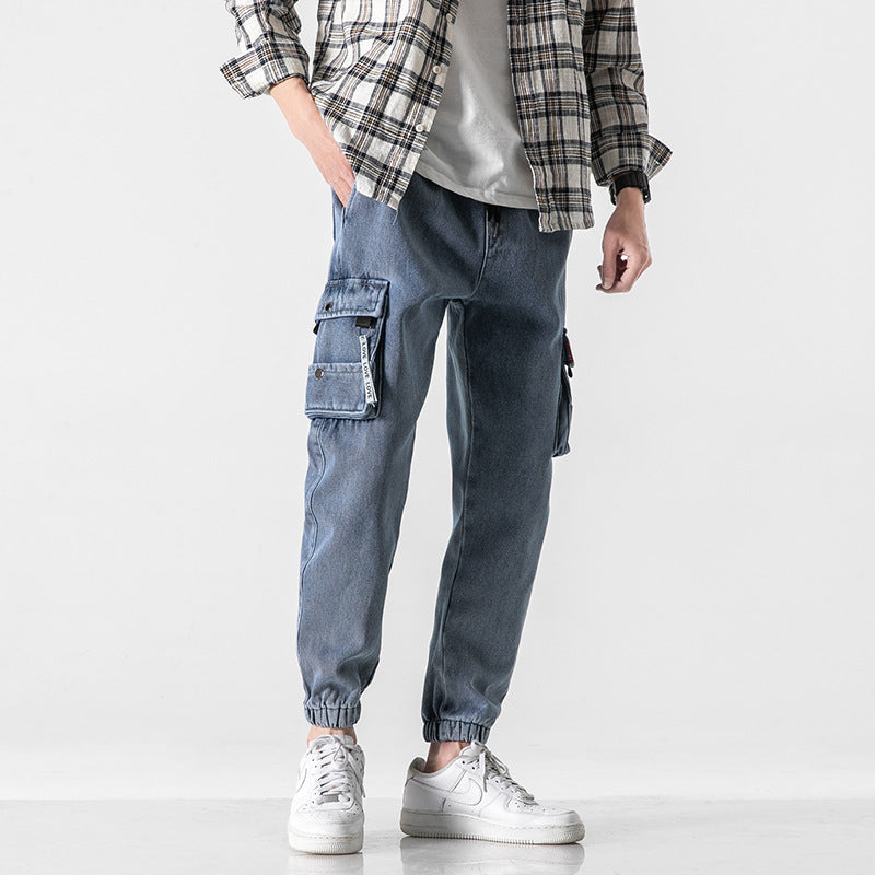 casual young style jeans pants for men middle waist slim pockets mens denim trousers 2021 fall casual streetwear