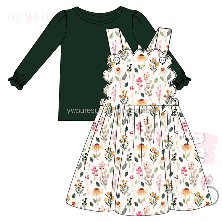Newest fall sister clothing puffy sleeve knitted shirt scallop design dress bubble children wear girls kids clothes set