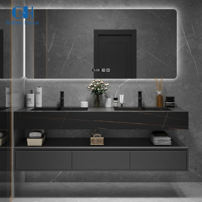 Modern Hotel American Floating Bathroom Vanity Cabinet With Led Mirror And Double Sink