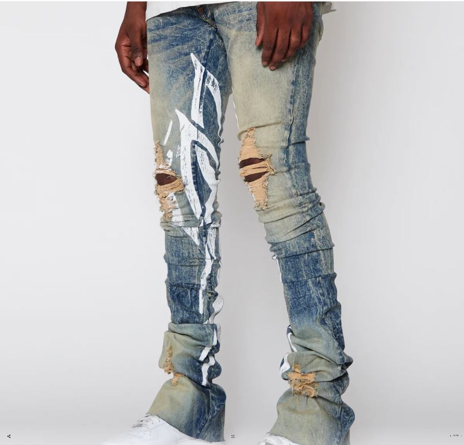Vintage stacked denim pants wholesale custom slim fit prints ripped stacked jeans men flare