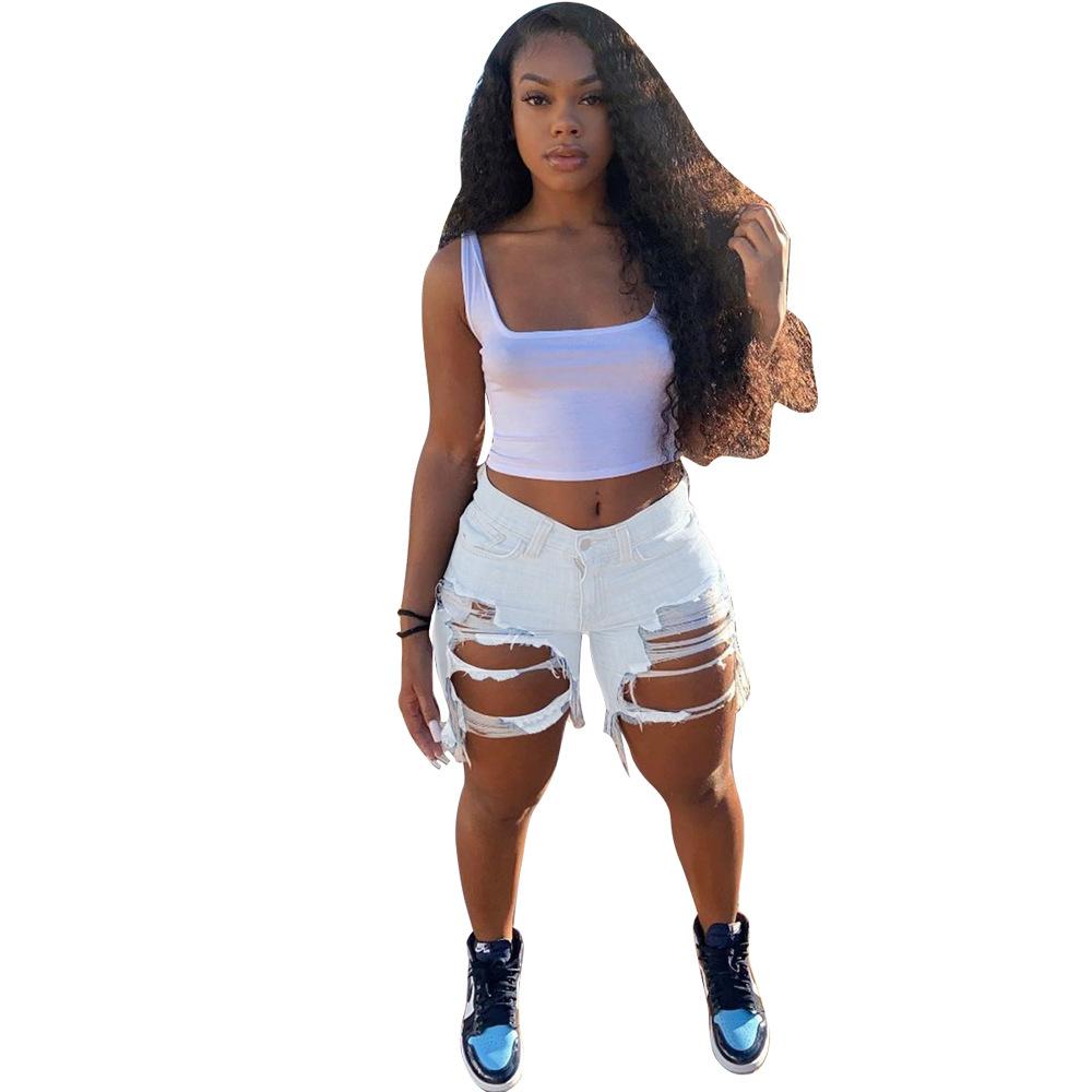 2021 summer skinny short pants high waist ripped colorful jean biker distressed cut up shorts women
