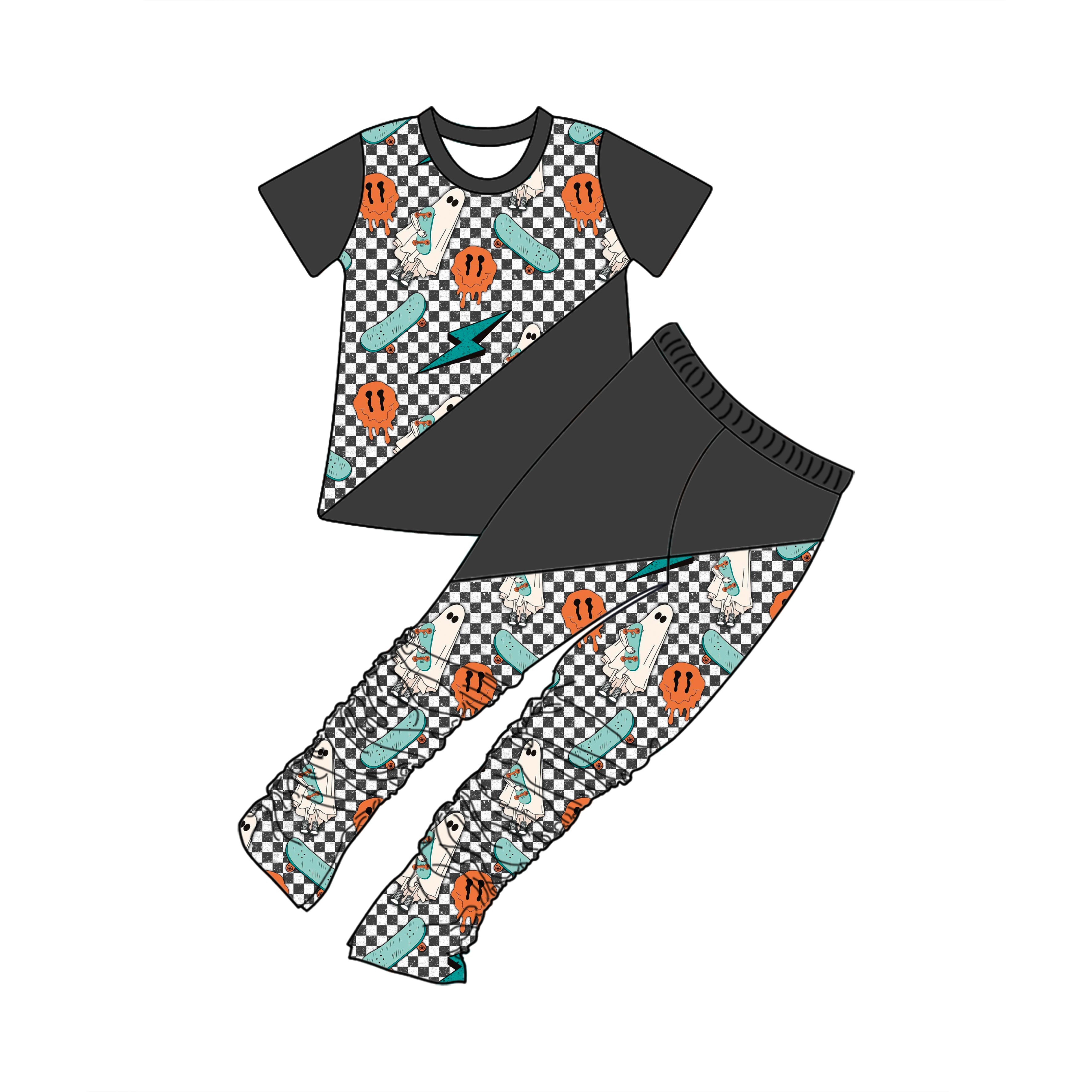 Custom Toddler Boy Halloween Clothes Kids Boy Stacked Jogger Pants Patchwork T-shirt Shorts Clothing Set