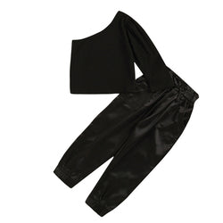 Conyson 2pcs Fashion Autumn Kids Girls Clothes Sets Long Sleeve One Shoulder Solid Tops Elastic Pants Outfits Kids Clothing