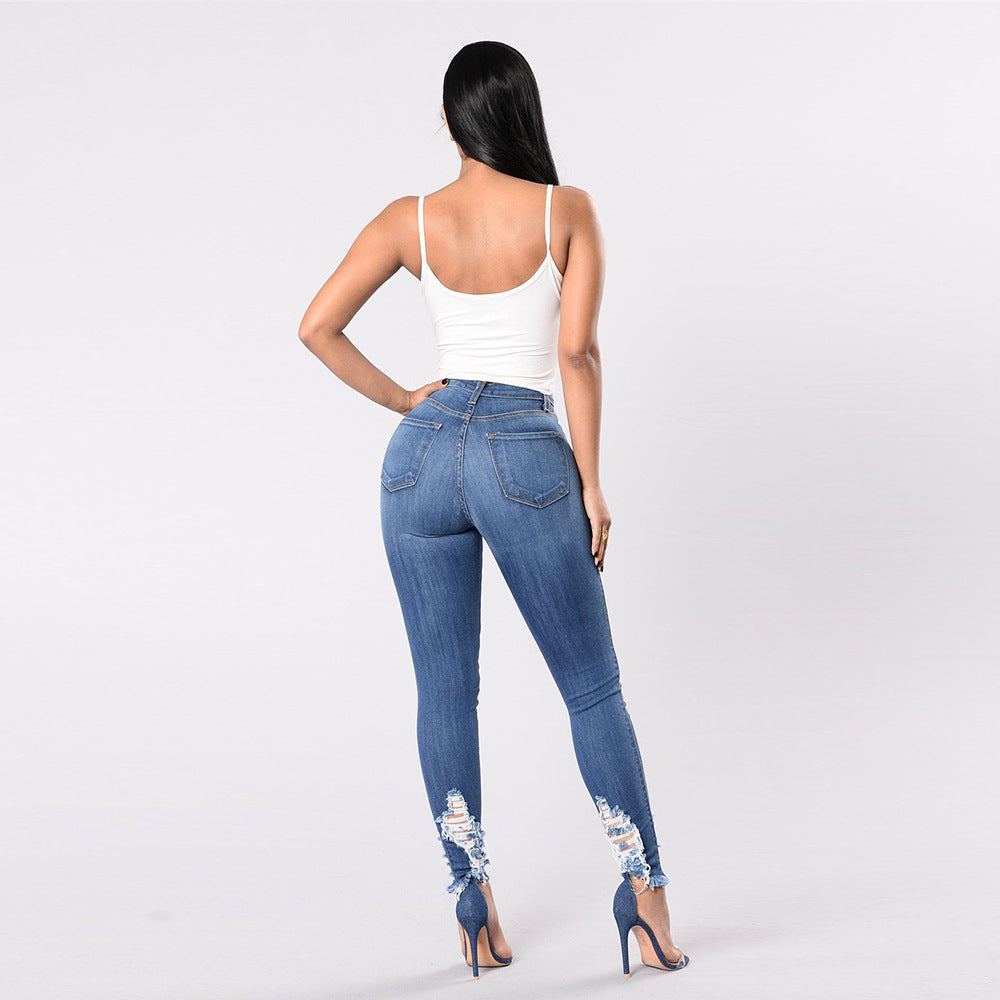 Plus size women's ripped elastic slim pants apparel women's clothing demin jeans trousers for women