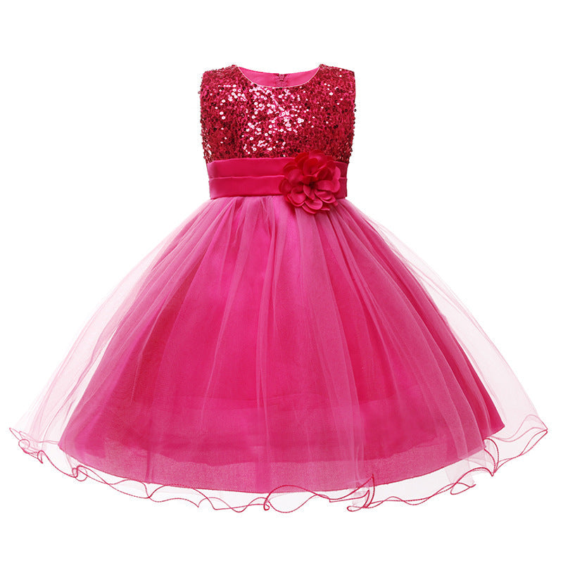 Summer Sleeveless Sequined and Flower Tulle Princess Kids Girls Dress
