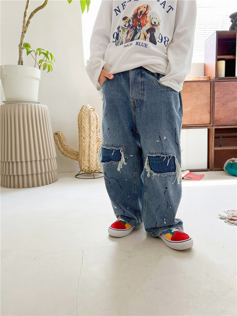 2023 Spring Kids Trousers Boys Fashion Ripped Jeans Baby Girls Loose Casual Denim Pant hole trousers