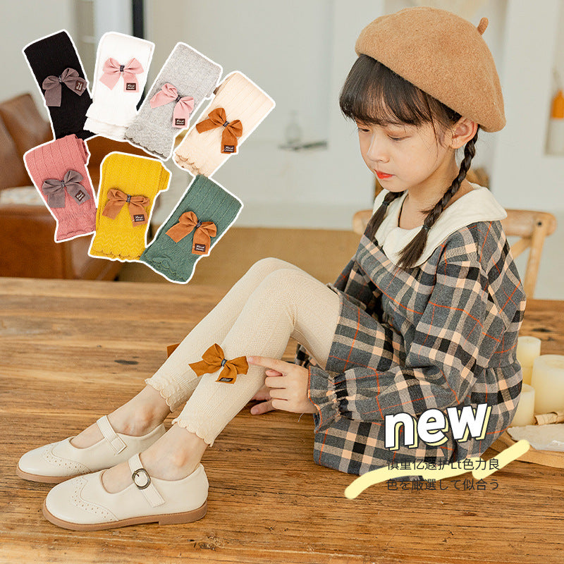 Autumn Korean New Fancy Bow Cute Children Pants Comfortable Cotton Trendy Solid Color Kids Girls Leggings