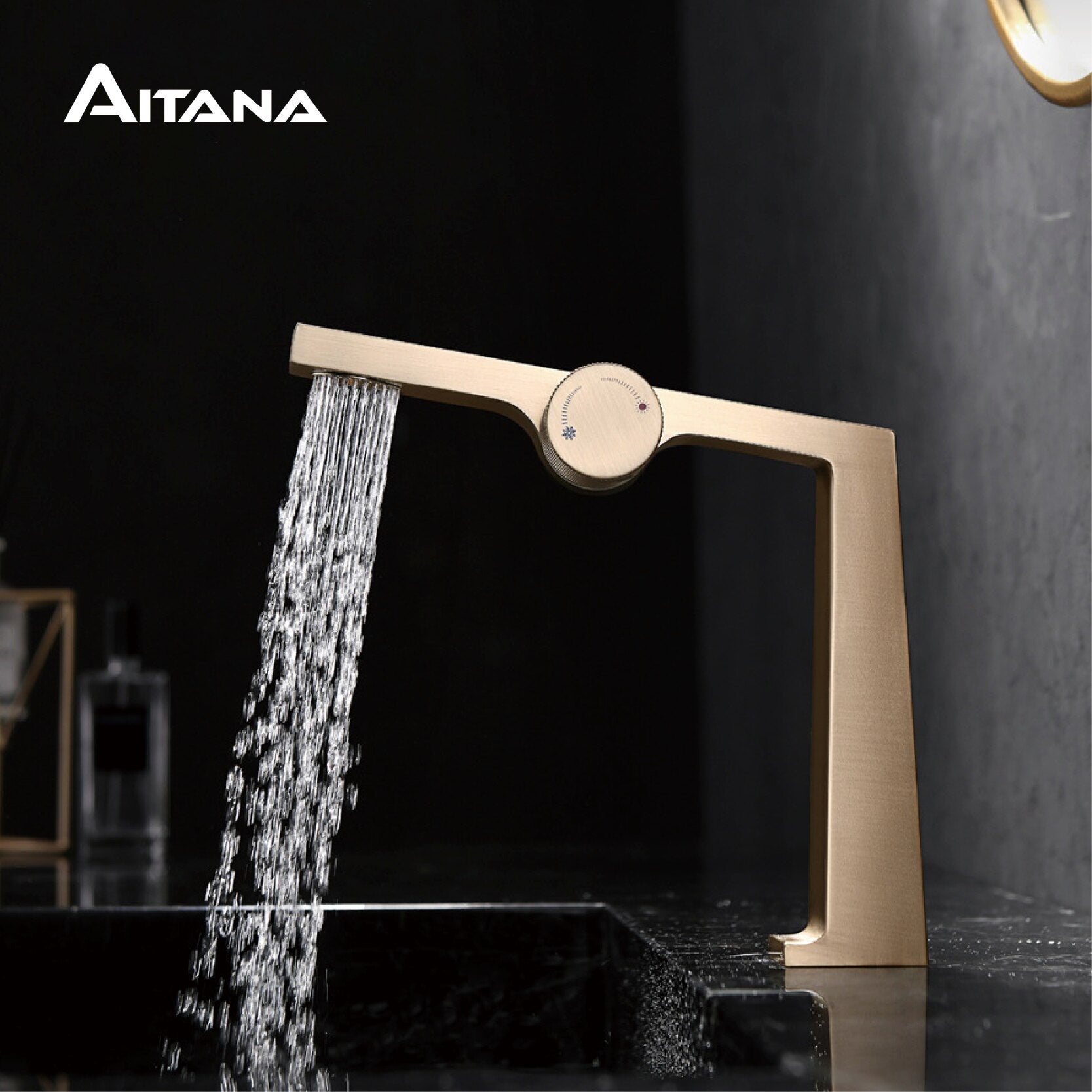 Light luxury brushed gold brass bathroom faucet creative knob switch design single handle cold and hot dual control basin faucet