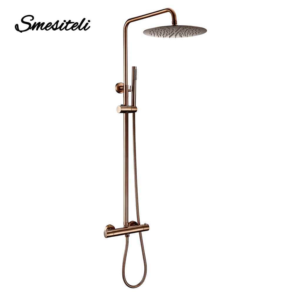 Thermostat Mixer Shower Wall Mount Bathroom Faucet Diverter With Rain Head HandShower Thermostatic Solid Brass Wholesale Premium